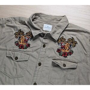 American Eagle Mens Button Up Shirt Size XXL Tiger Embroidered Chest Khaki